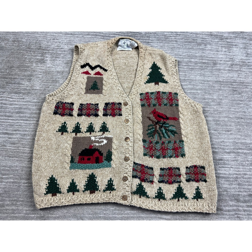 Chandler Hill Sweater Vest Womens L Beige Winter Cardinal Cabin Hand Knit V-Neck